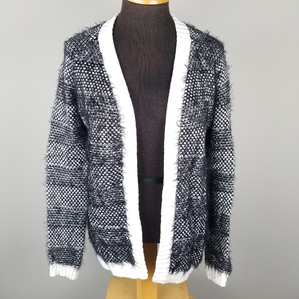 Sabine black and ivory fuzzy open cardigan